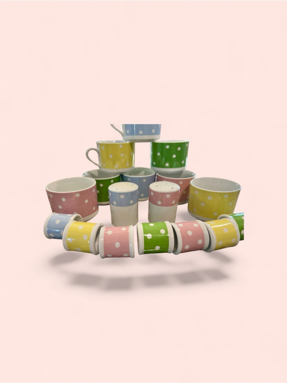 80’s Pastel Polka Dot Mug, Salt & Pepper Shakers and Napkin Ring Set. UR-P81